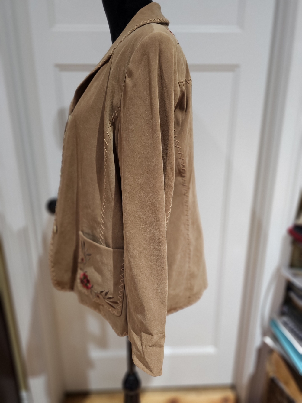 Susan Graver Tan Suede Jacket with Floral Pocket Embroidery - Picture 3 of 8